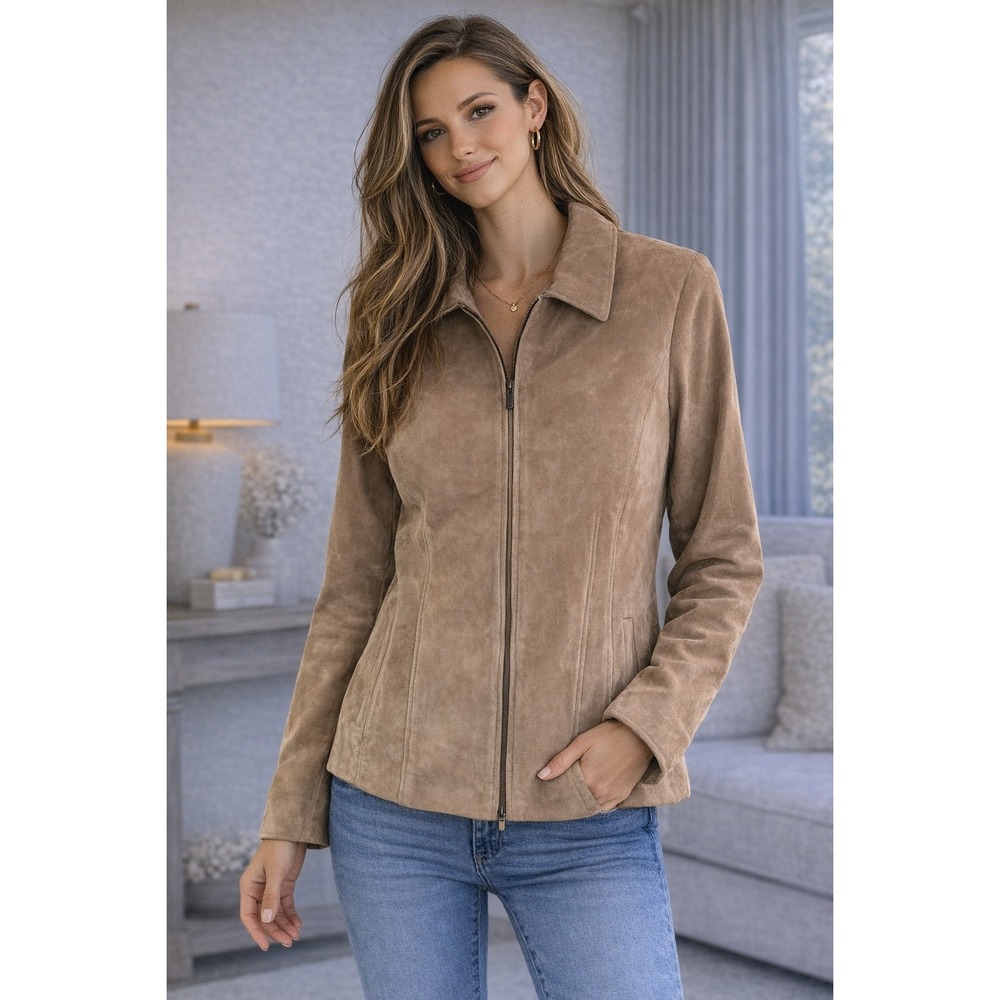 Coldwater Creek Womens 1X Tan Leather‎ Jacket Zip Front Soft Classic Coat Plus
